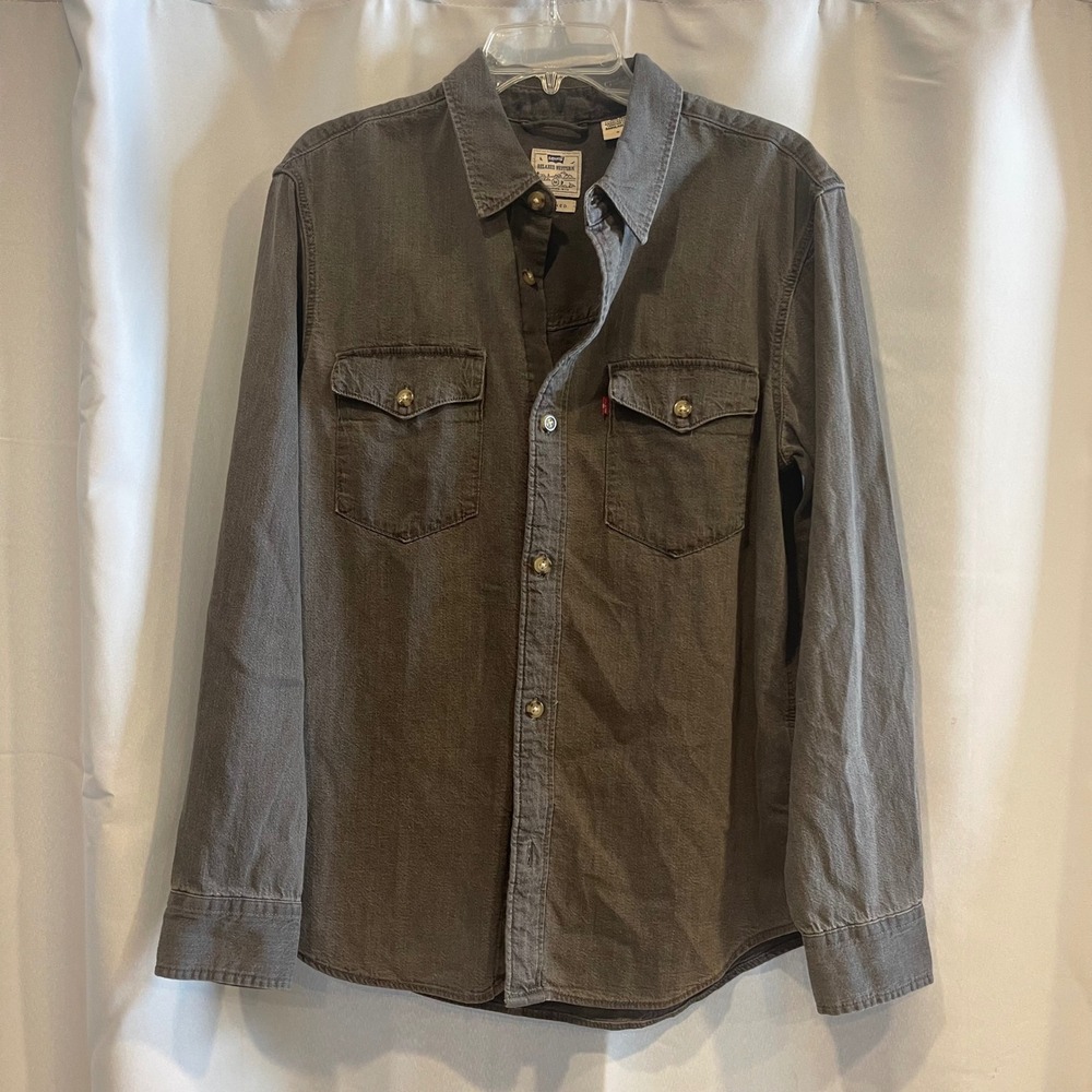 Levis Mens Relaxed Western Shirt Charcoal Gray Denim Button Down Long Sleeve M